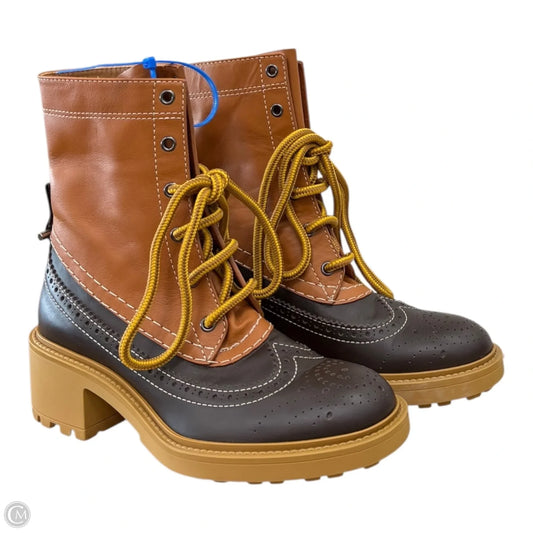 Boots Luxury Designer By Chloe In Brown & Tan, Size: 7.5