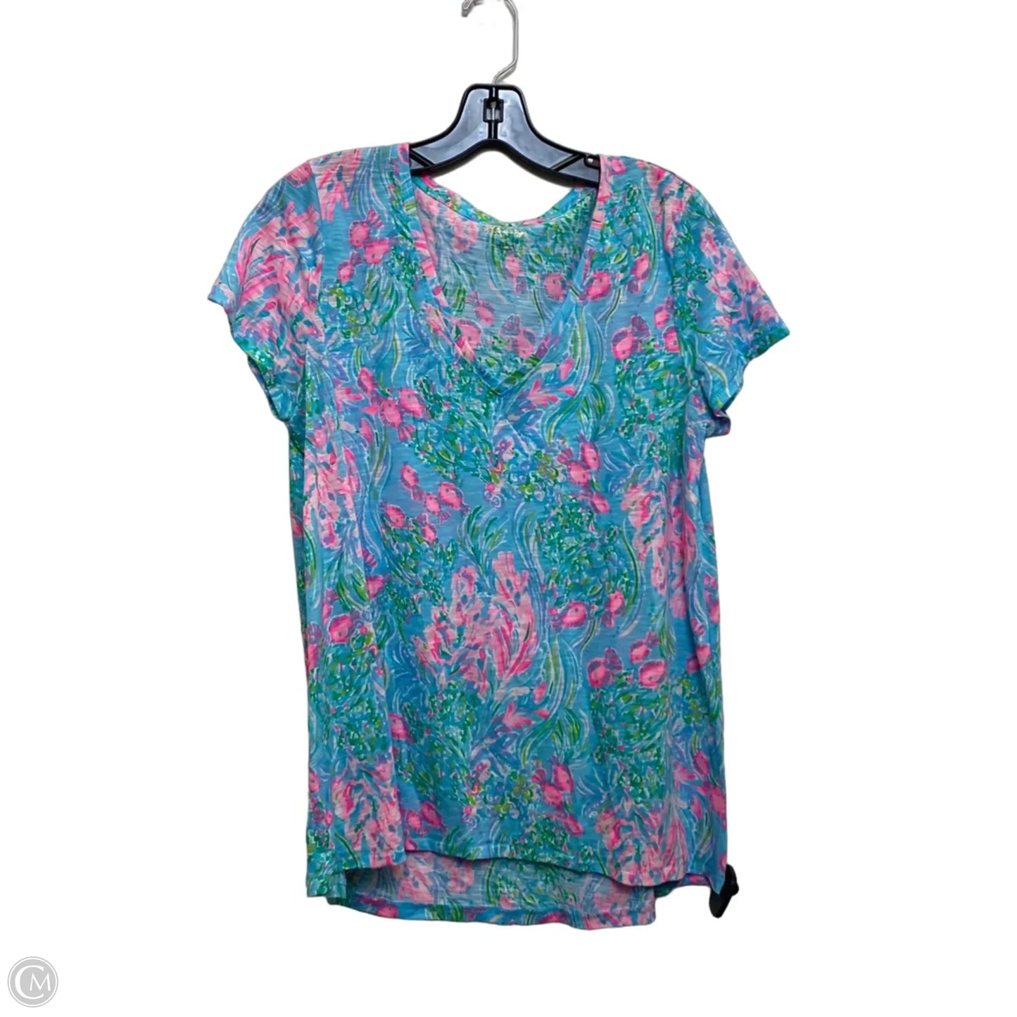Top Short Sleeve Designer By Lilly Pulitzer In Blue & Pink, Size: M