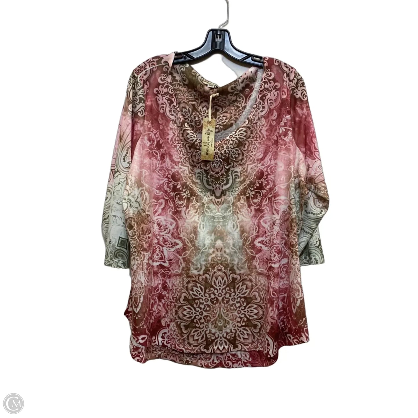 Top 3/4 Sleeve By World Unity In Green & Pink, Size: 3x