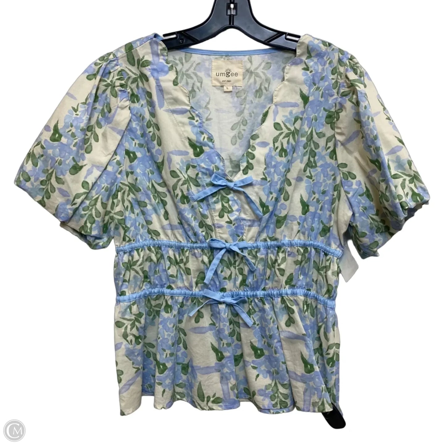 Top Short Sleeve By Umgee In Blue & Cream, Size: L