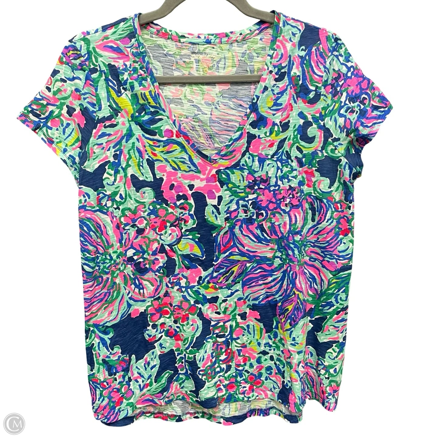Top Short Sleeve Designer By Lilly Pulitzer In Blue & Pink, Size: M