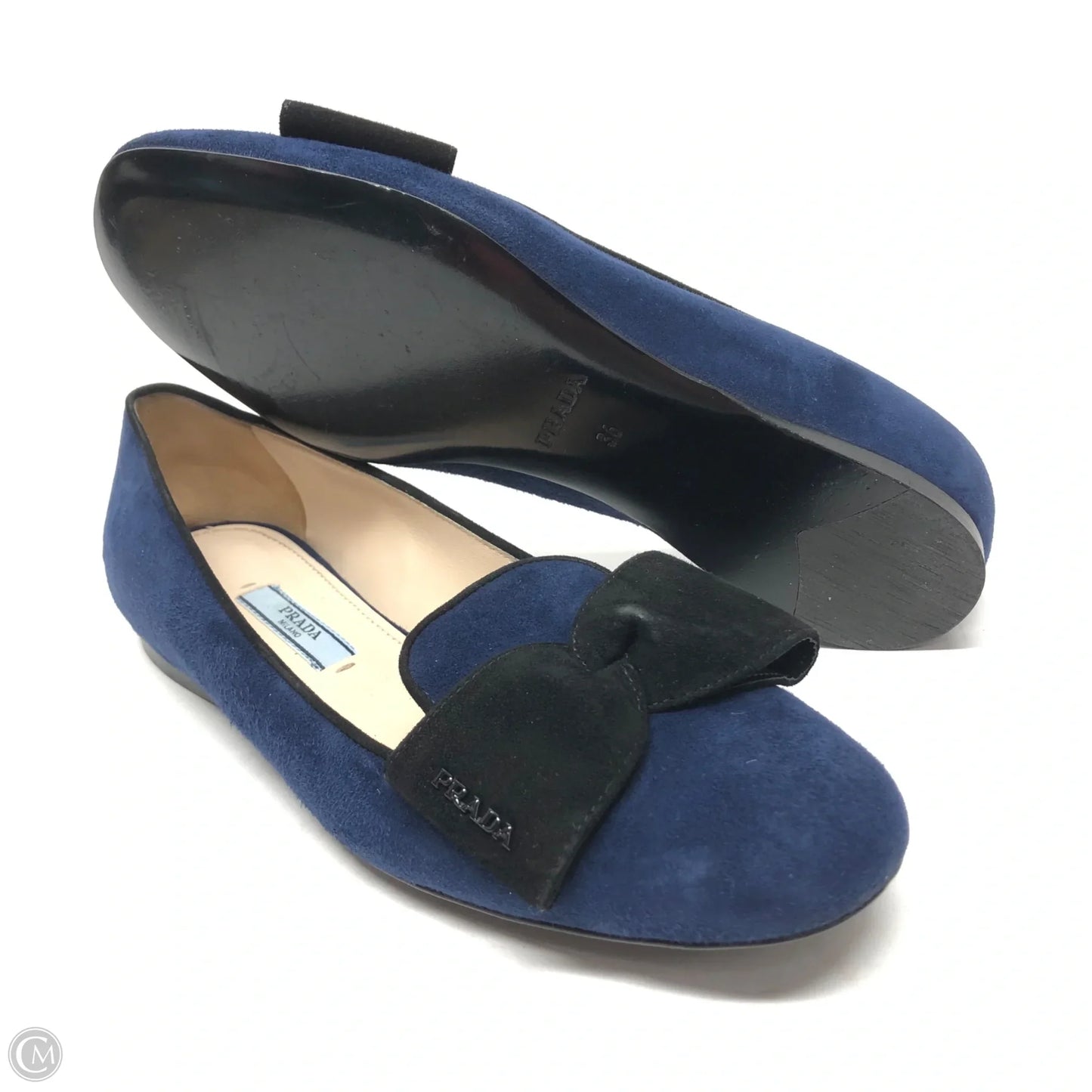 Shoes Luxury Designer By Prada In Black & Blue, Size: 5.5
