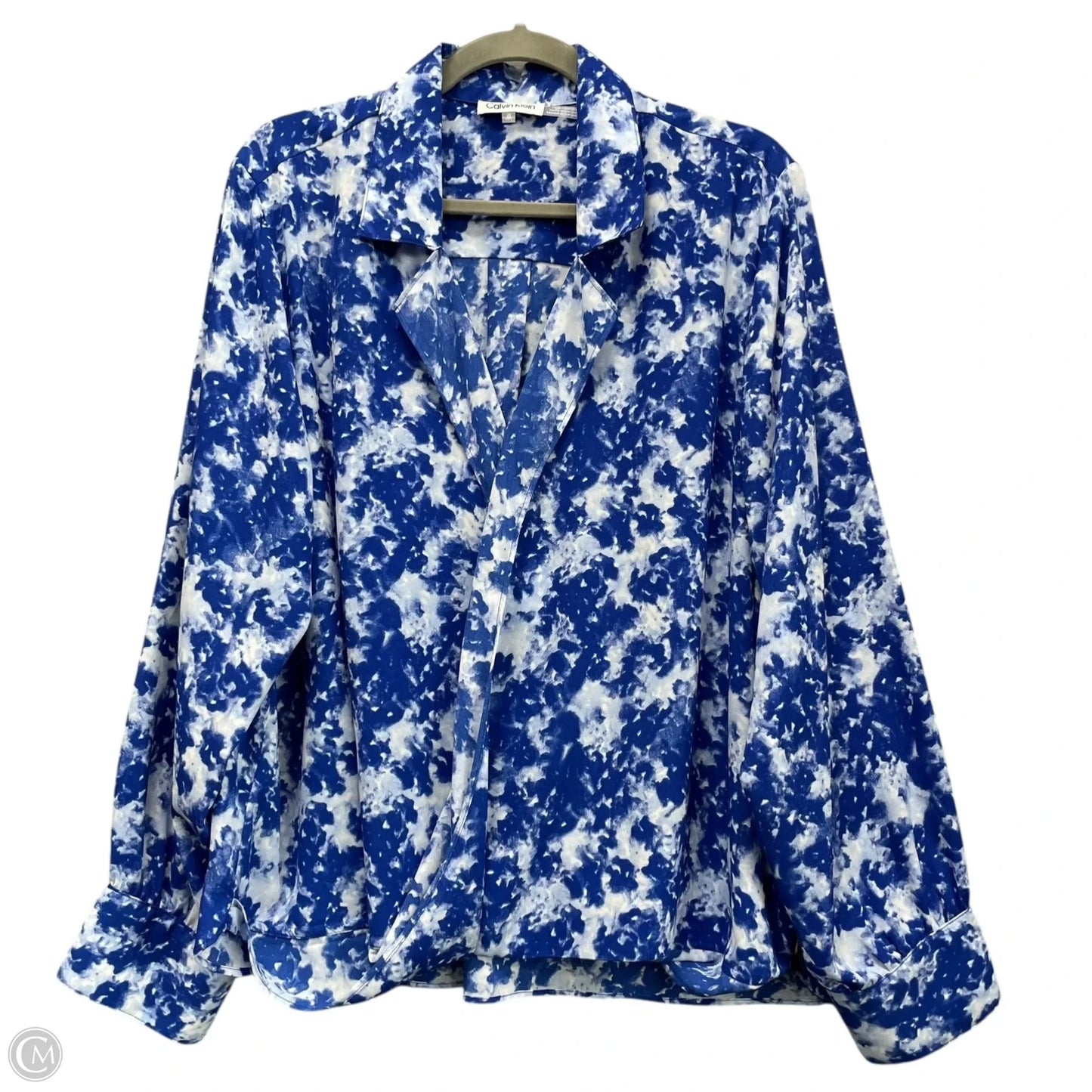 Blouse Long Sleeve By Calvin Klein In Blue & White, Size: 1x