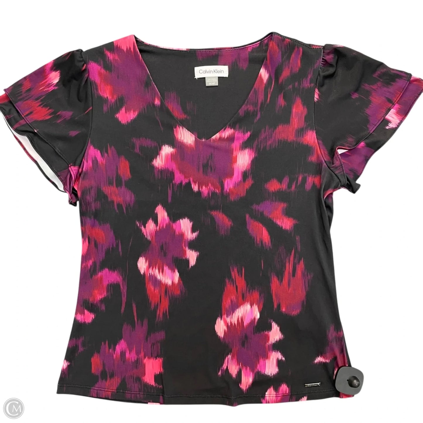 Blouse Short Sleeve By Calvin Klein In Black & Purple, Size: S