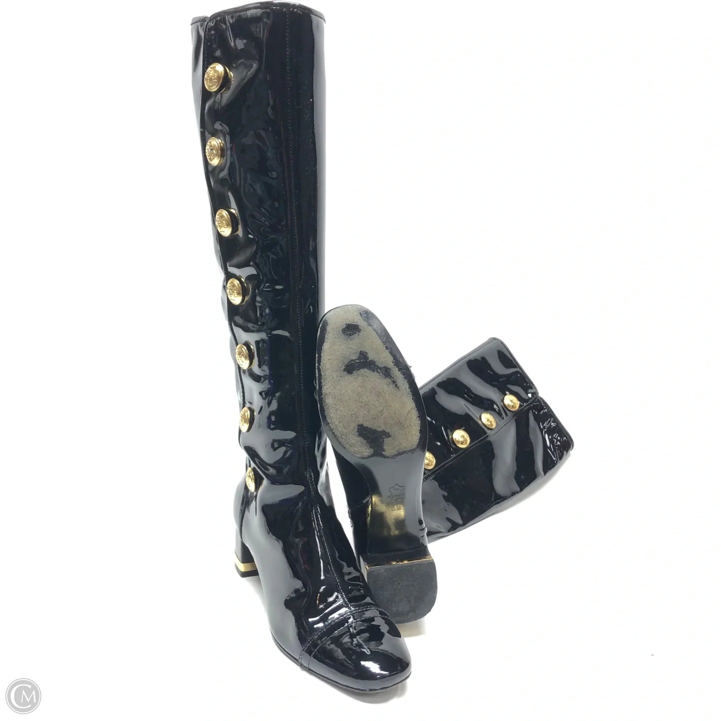 Boots Designer By Tory Burch In Black & Gold, Size: 6
