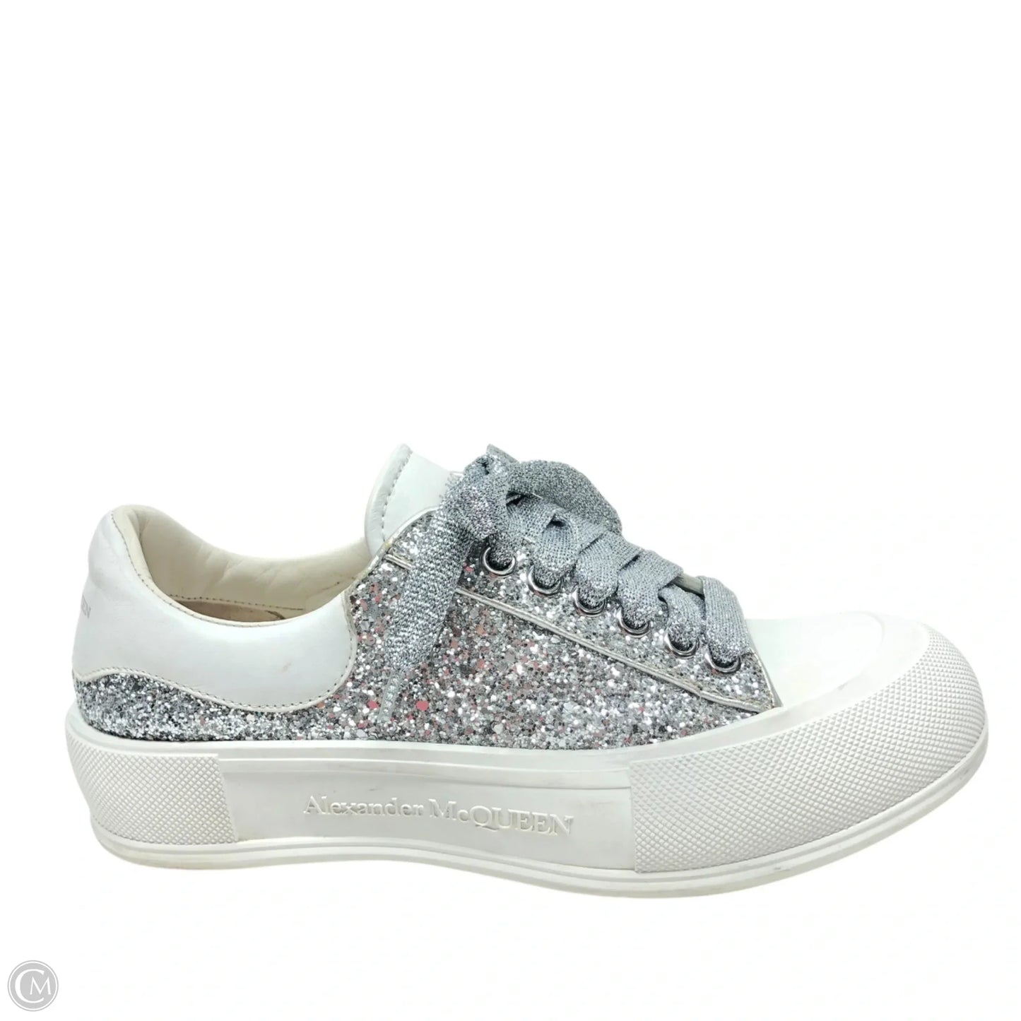 Shoes Luxury Designer By Alexander Mcqueen In Silver & White, Size: 9.5