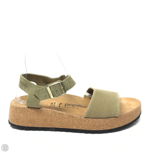 Sandals Heels Wedge By Birkenstock In Green & Tan, Size: 10