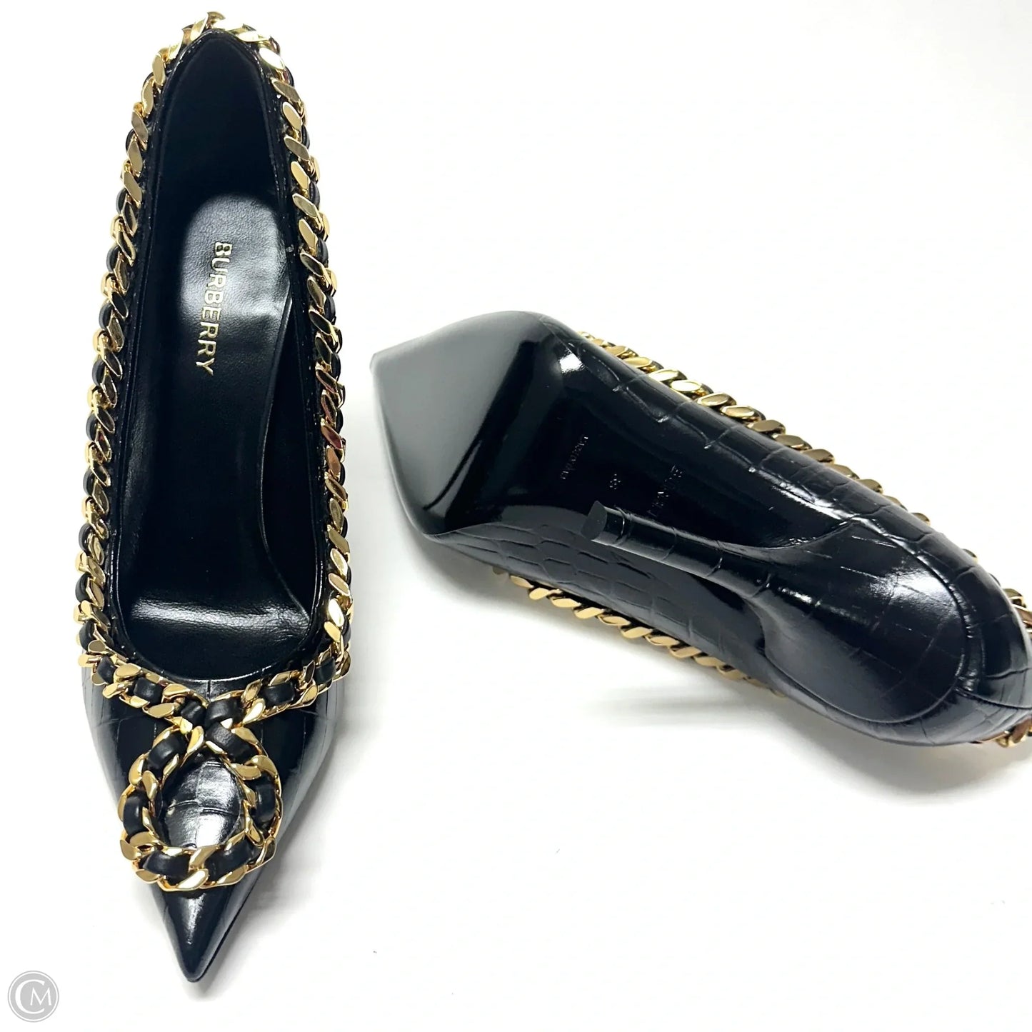 Shoes Luxury Designer By Burberry In Black & Gold, Size: 7.5