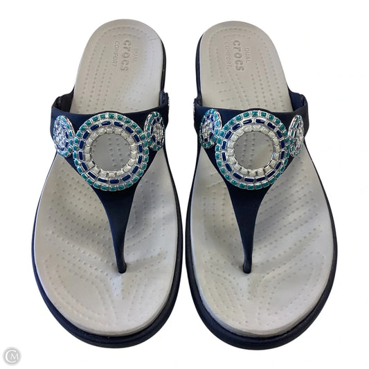 Sandals Heels Wedge By Crocs In Blue & White, Size: 11