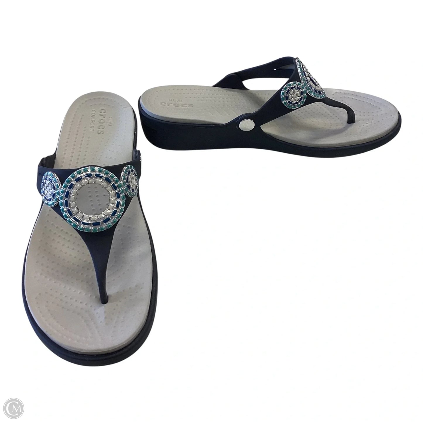 Sandals Heels Wedge By Crocs In Blue & White, Size: 11