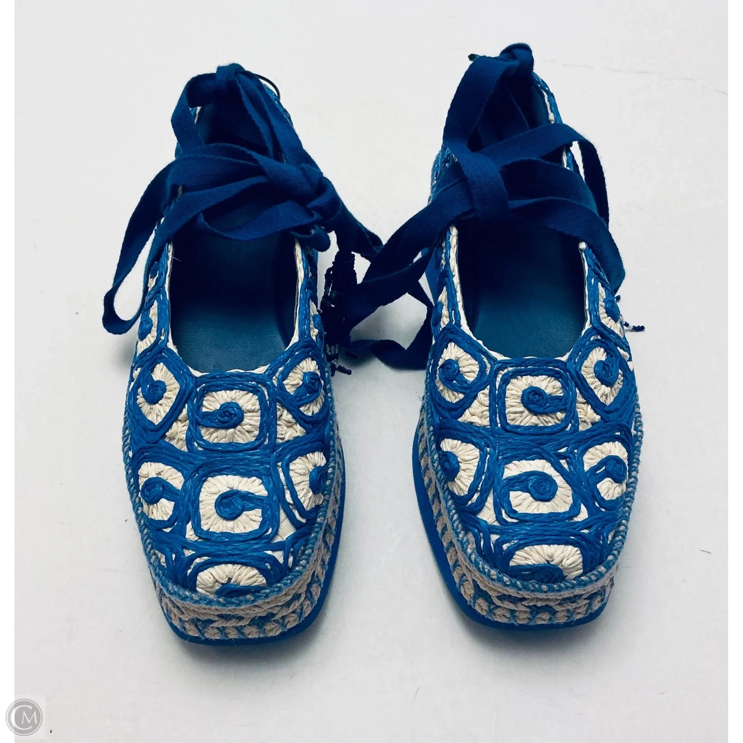 Shoes Heels Platform By Farm Rio In Blue & Cream, Size: 8.5