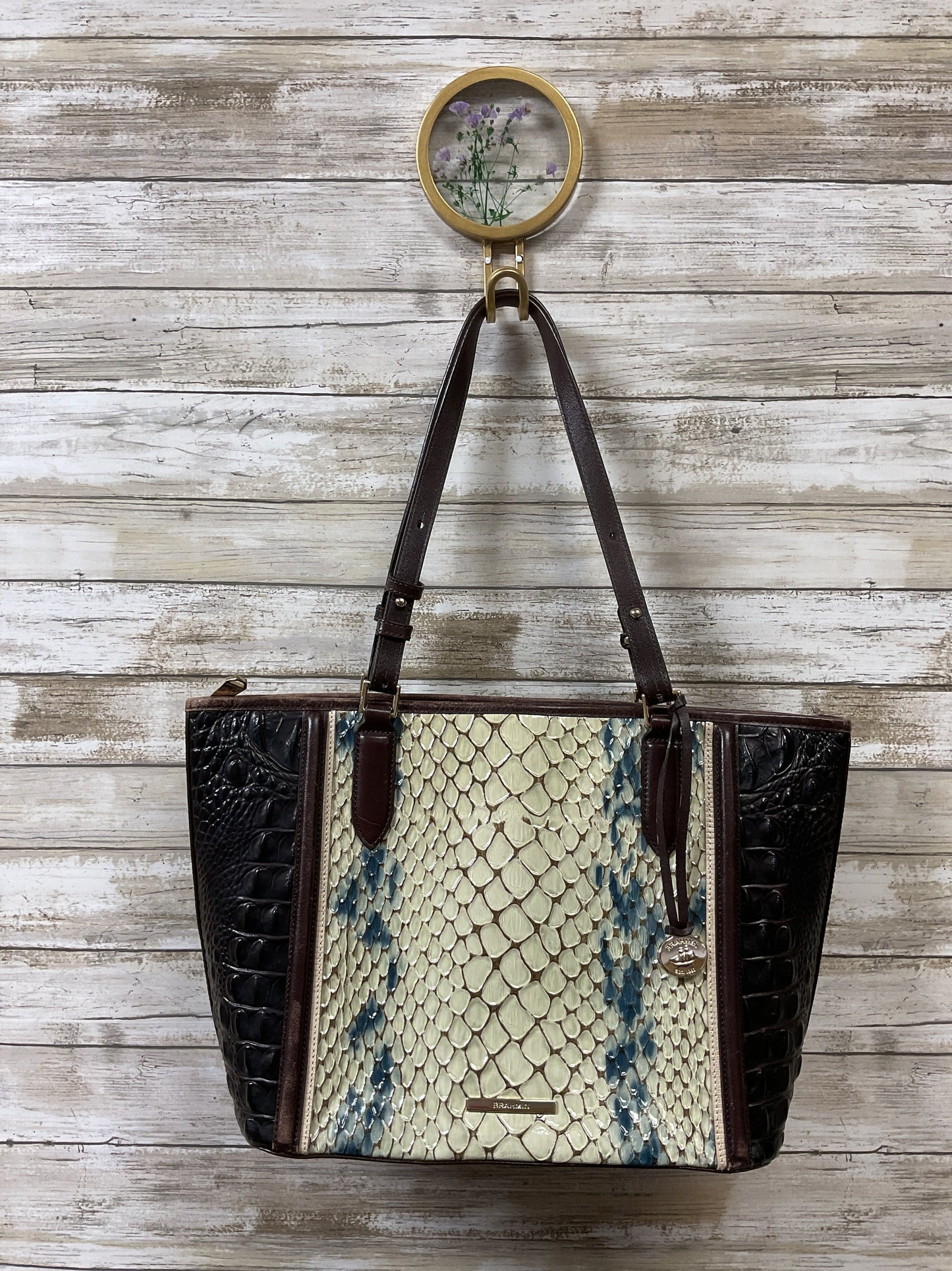 Handbag Designer By Brahmin In Brown & Cream, Size:Medium