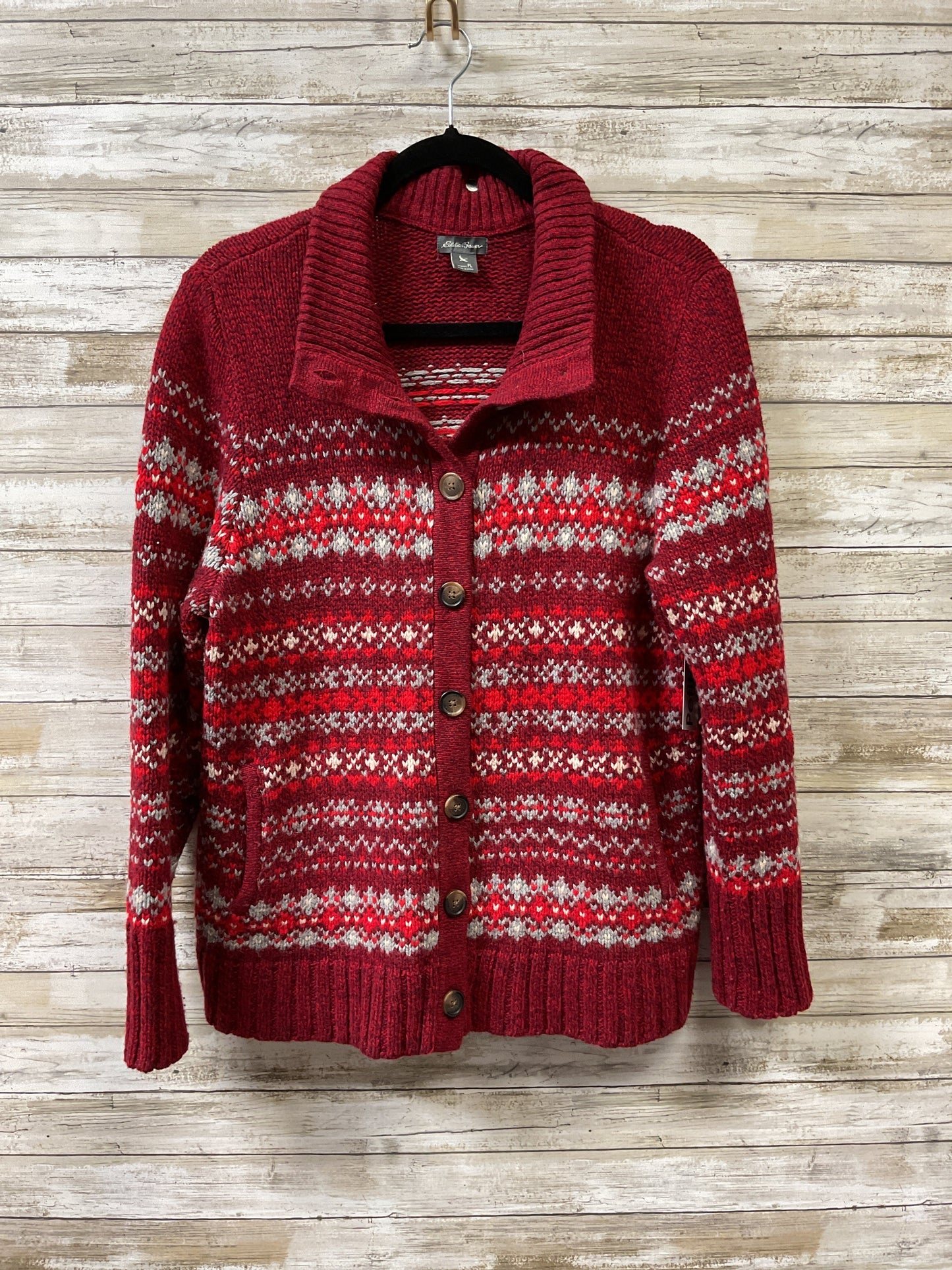 Sweater Cardigan By Eddie Bauer In Red & Silver, Size:Lp