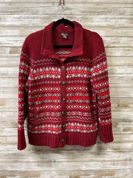 Sweater Cardigan By Eddie Bauer In Red & Silver, Size:Lp