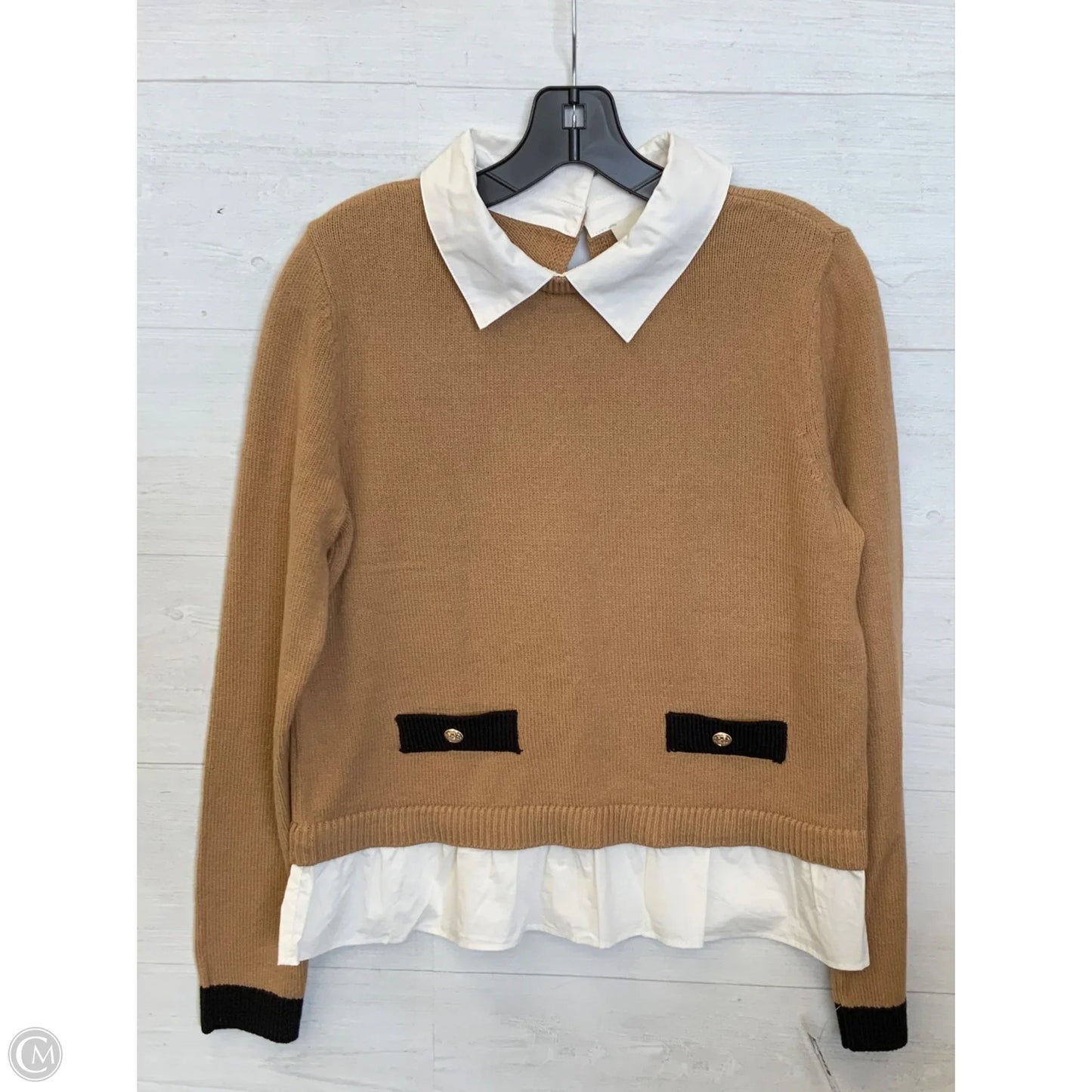 Top Long Sleeve By Loft In Tan & White, Size: M