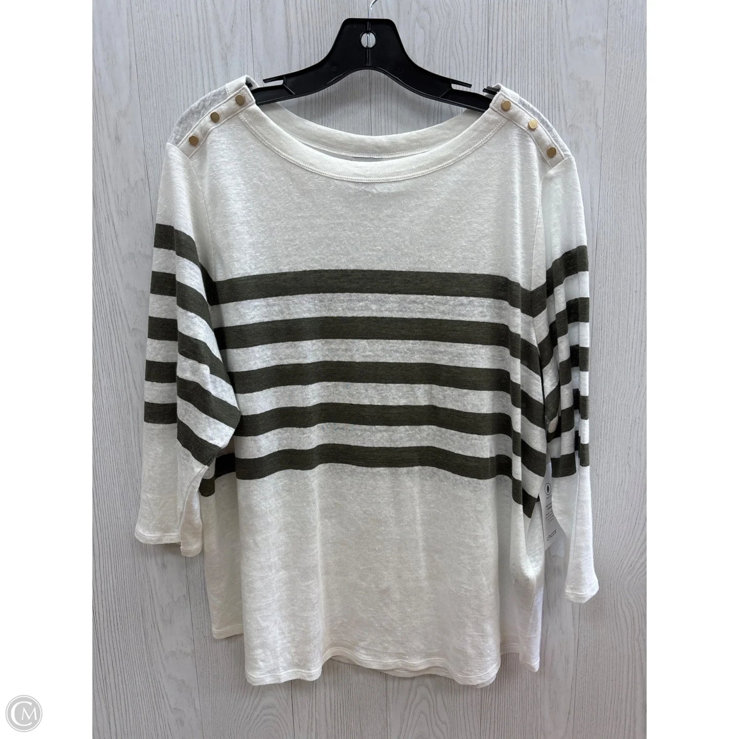 Top 3/4 Sleeve By Chicos In Green & White, Size: Xl