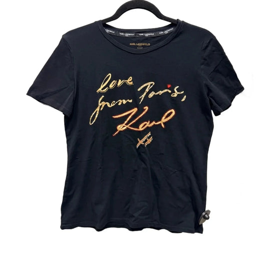Top Short Sleeve Designer By Karl Lagerfeld In Black & Gold, Size: S