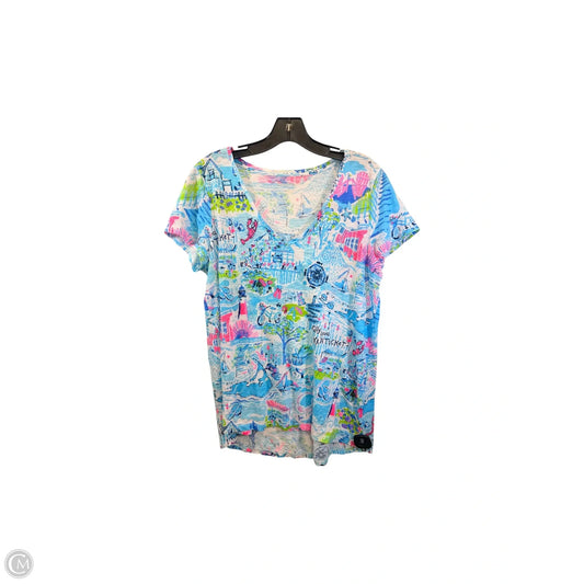 Top Short Sleeve Designer By Lilly Pulitzer In Blue & Pink, Size: S
