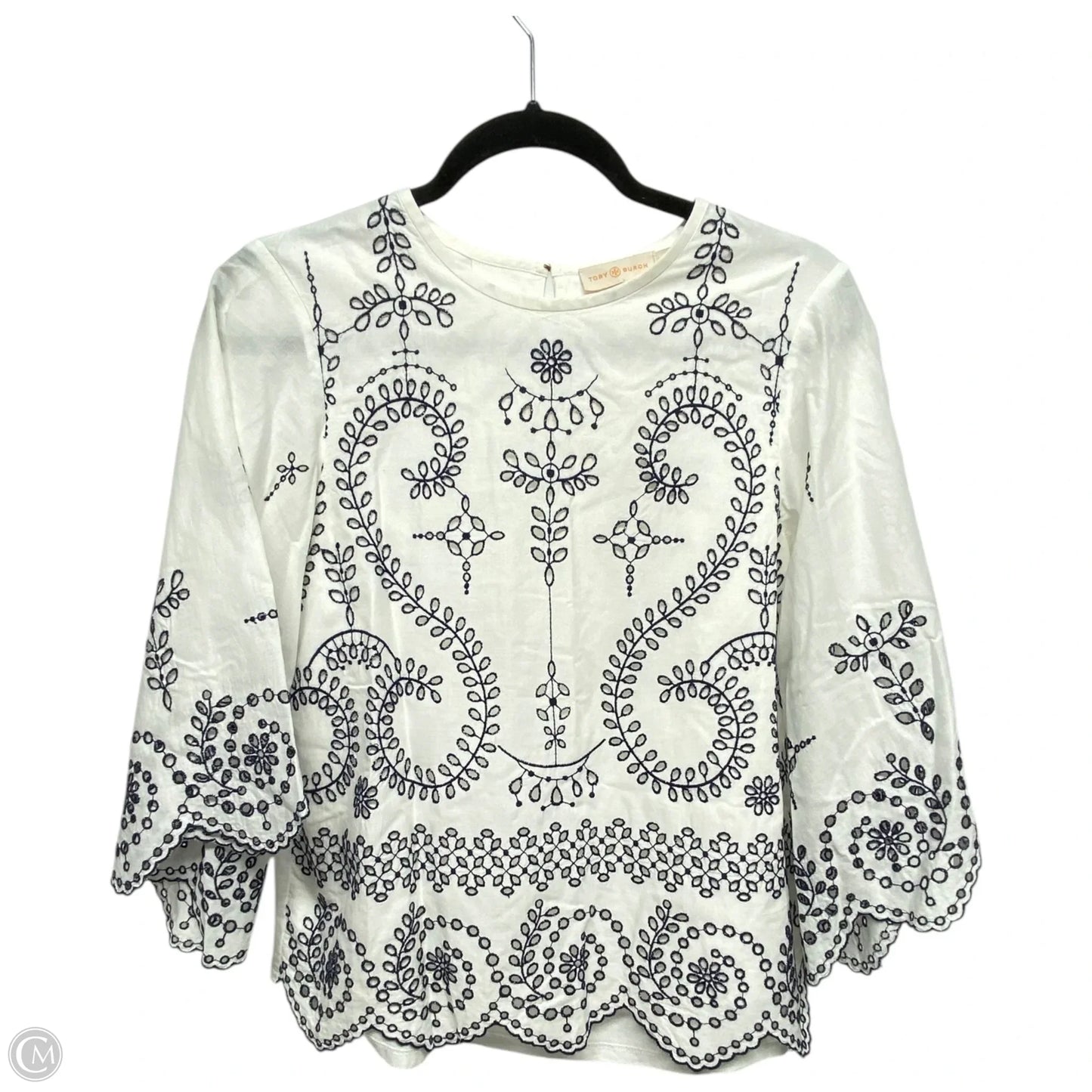 Top 3/4 Sleeve Designer By Tory Burch In Blue & White, Size: Xs