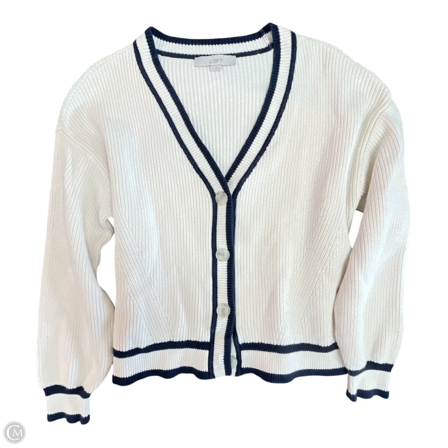 Sweater Cardigan By Loft In Blue & Cream, Size: Xl