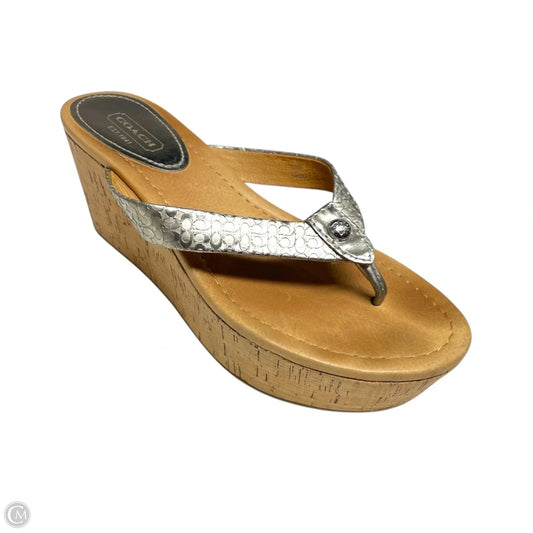 Sandals Designer By Coach In Silver & Tan, Size: 6