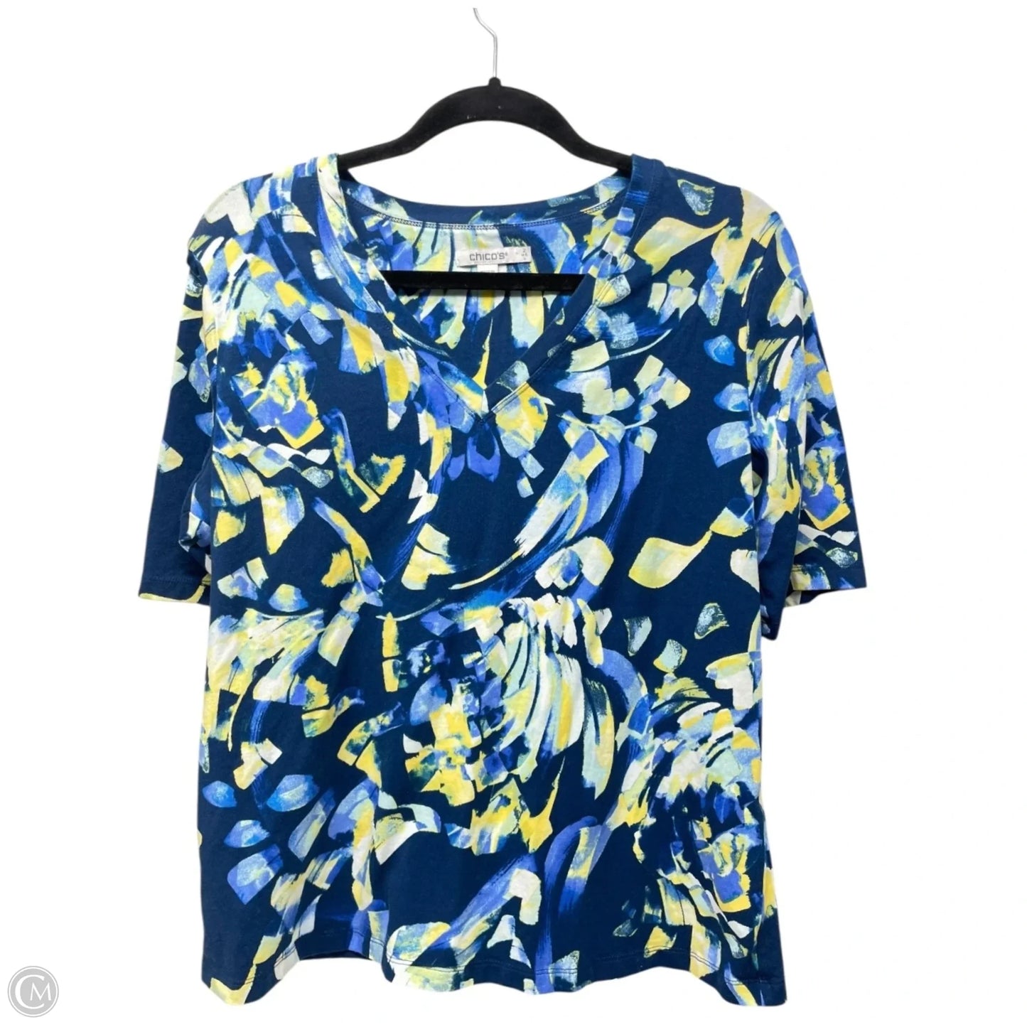 Top Short Sleeve By Chicos In Blue & Yellow, Size: L