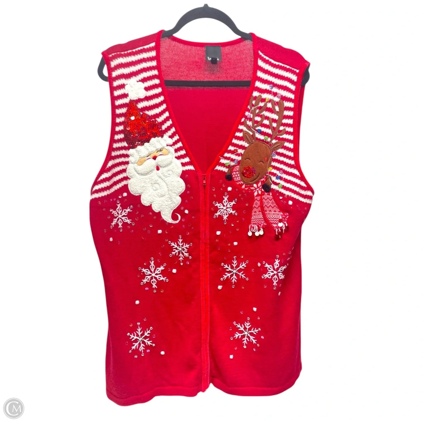 Vest Sweater By BEREK - SANTA + DEER In Red & White, Size: 2x