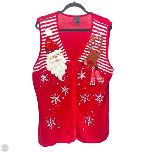 Vest Sweater By BEREK - SANTA + DEER In Red & White, Size: 2x