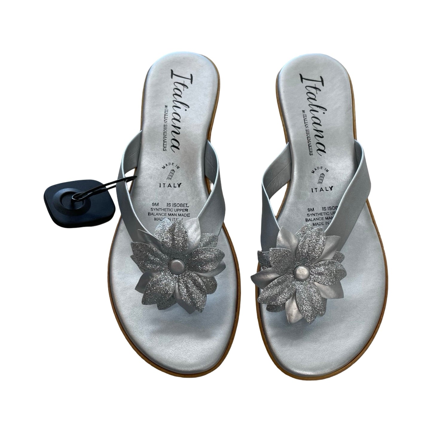 Sandals Flip Flops By Italian Shoemakers In Silver, Size:9