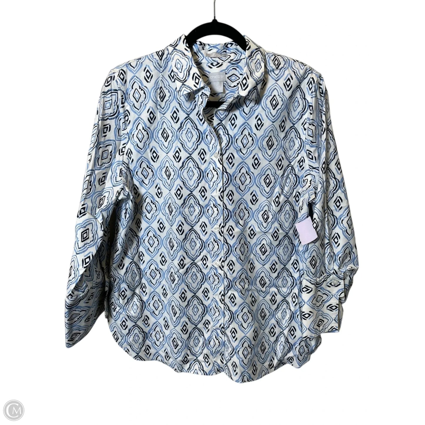 Blouse Long Sleeve By Chicos In Blue & White, Size: L