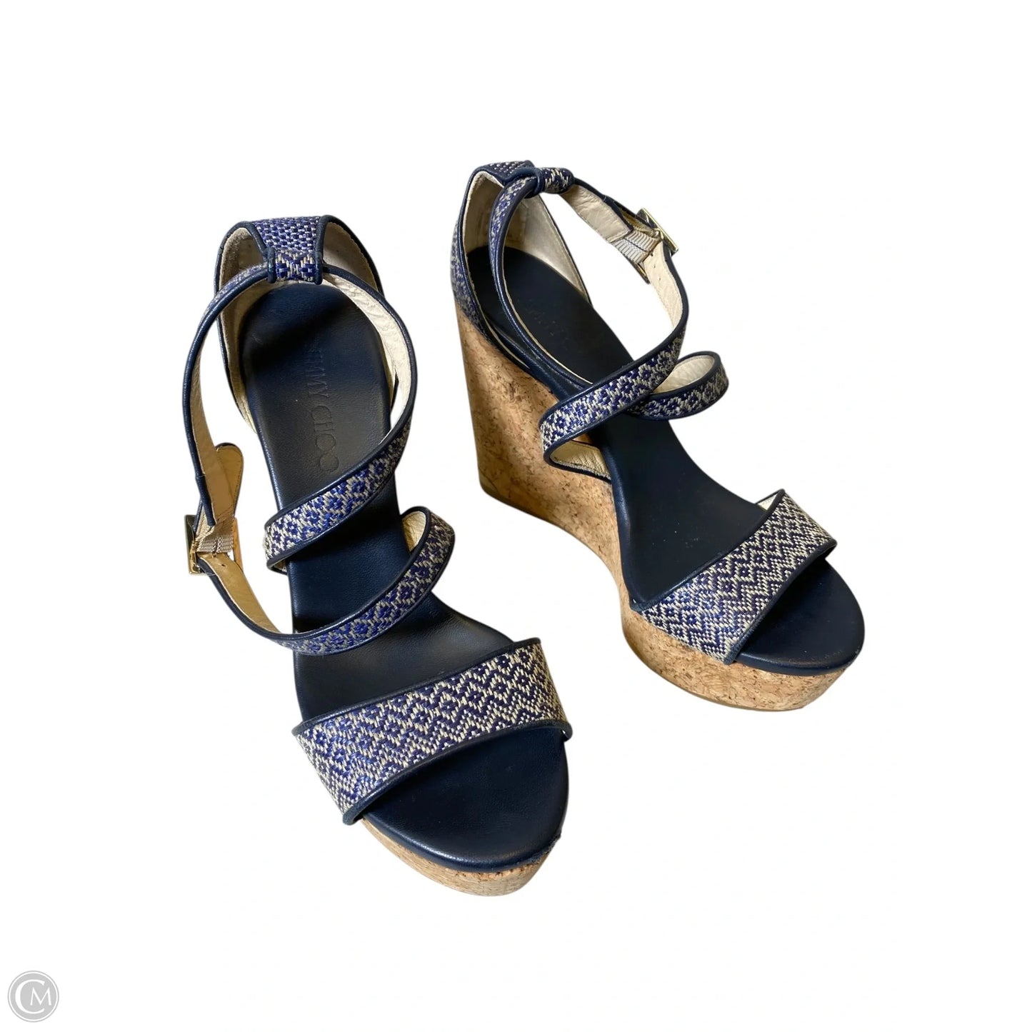 Sandals Luxury Designer By Jimmy Choo In Blue & Tan, Size: 8.5