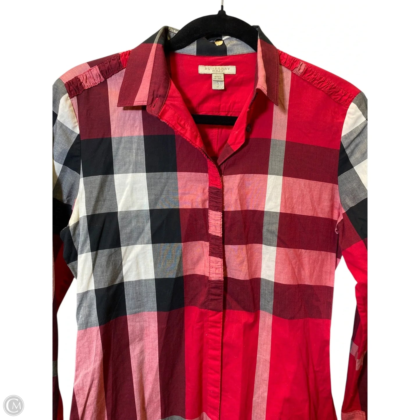 Blouse Luxury Designer By Burberry In Plaid Pattern, Size: S