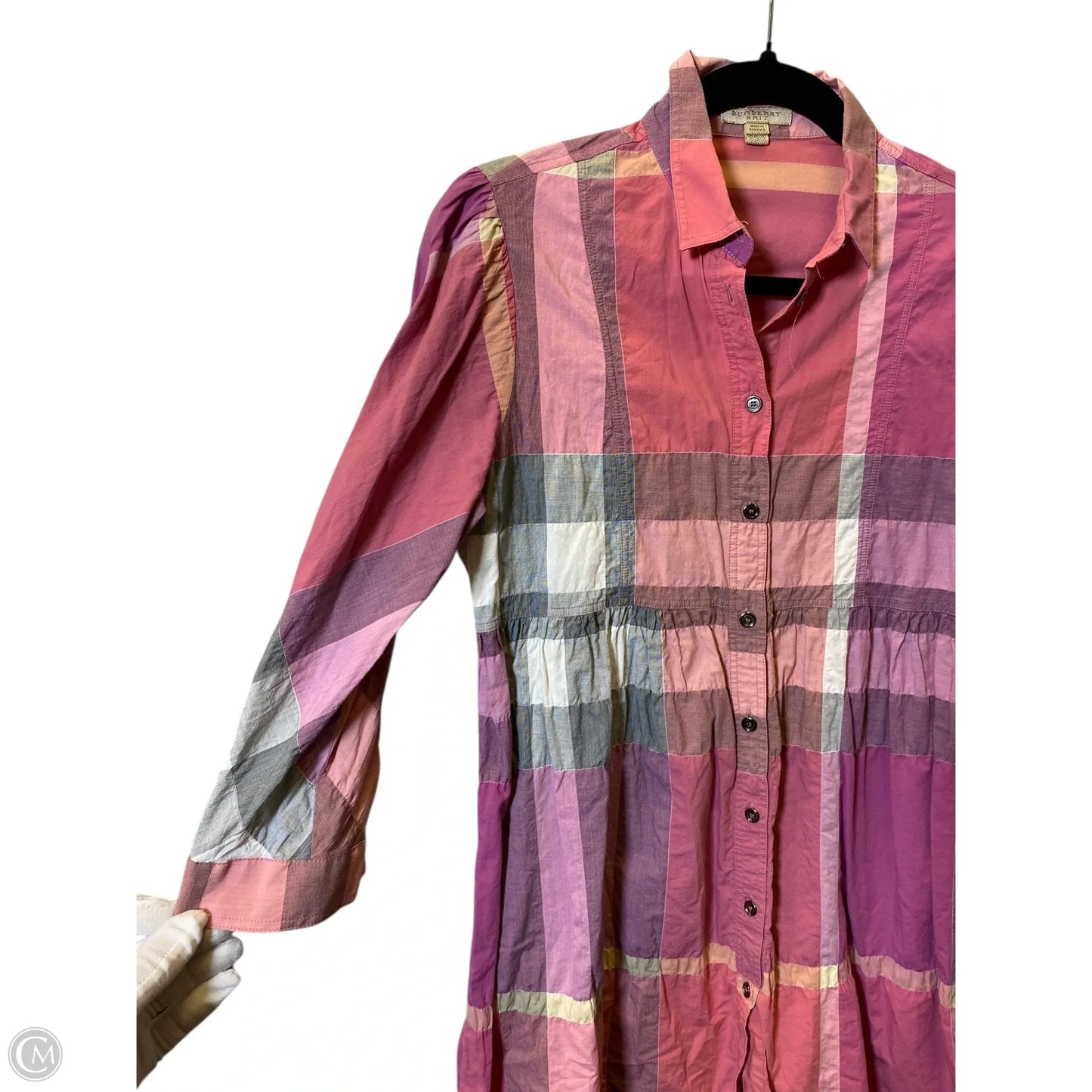 Blouse Luxury Designer By Burberry In Plaid Pattern, Size: S