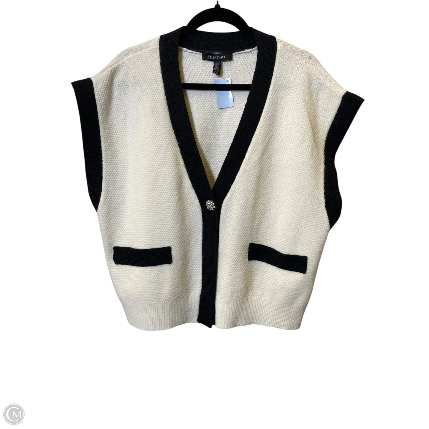 Vest Sweater By Ellen Tracy In Black & Cream, Size: L