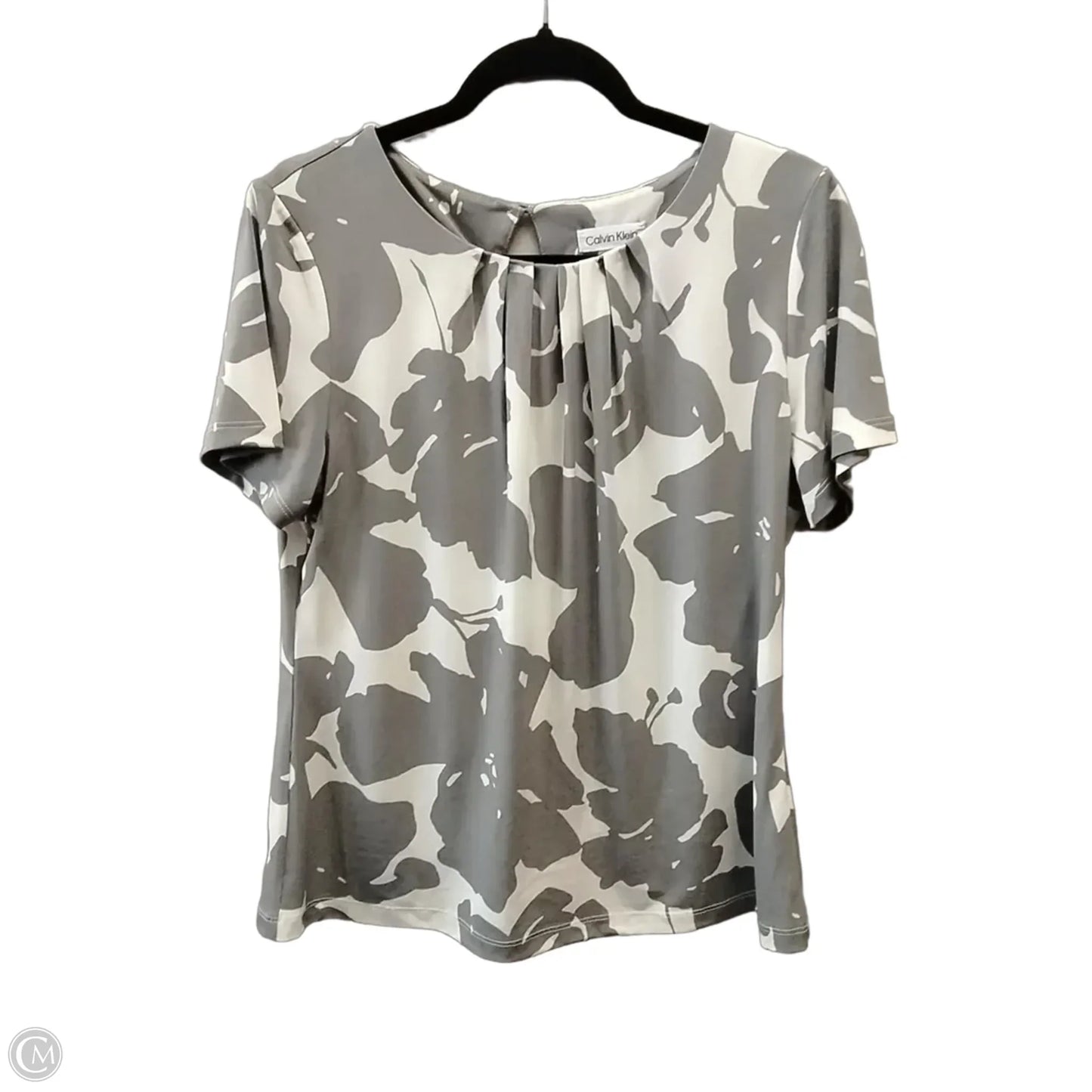 Blouse Short Sleeve By Calvin Klein In Grey & White, Size: L