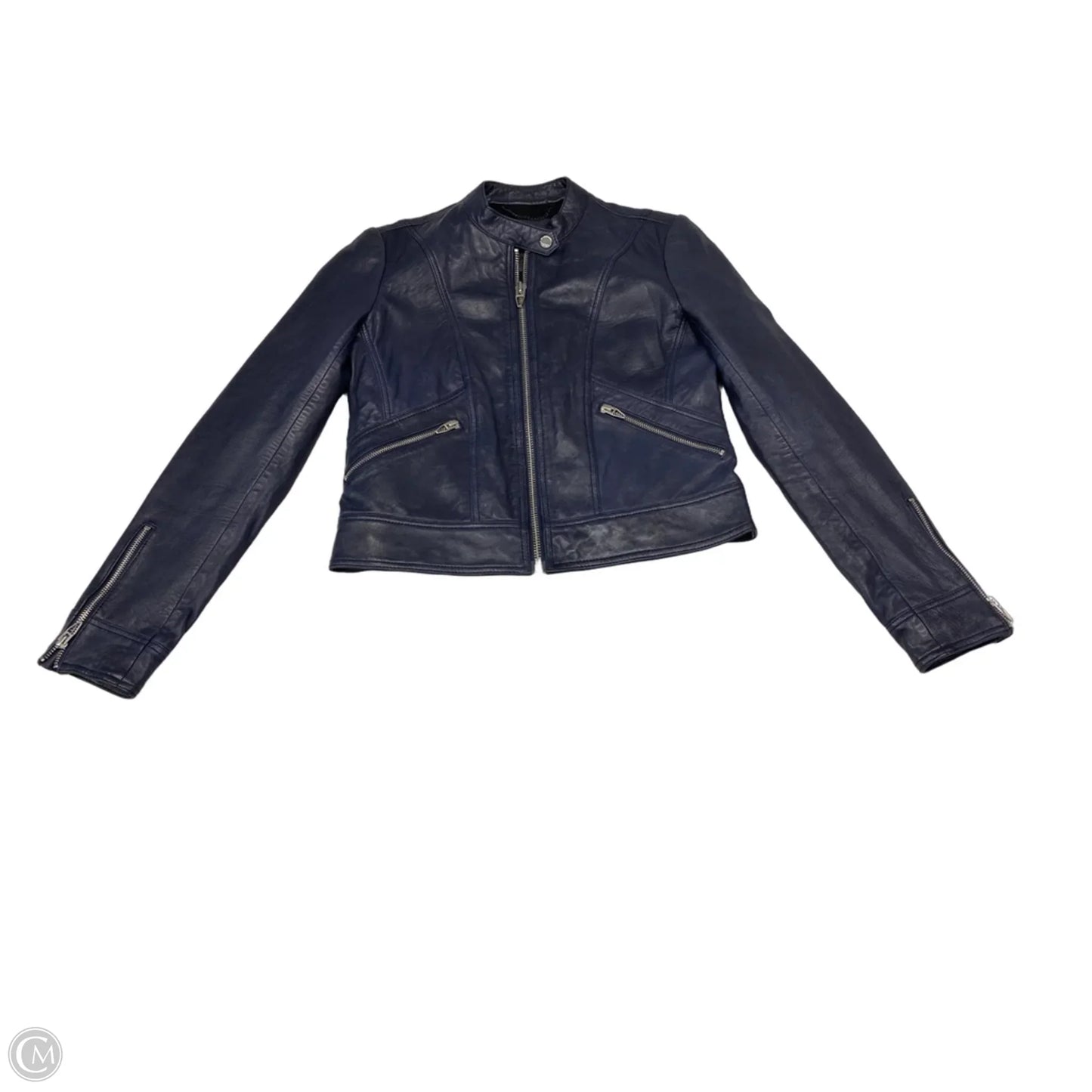 Jacket Moto Leather By Andrew Marc In Navy, Size: S