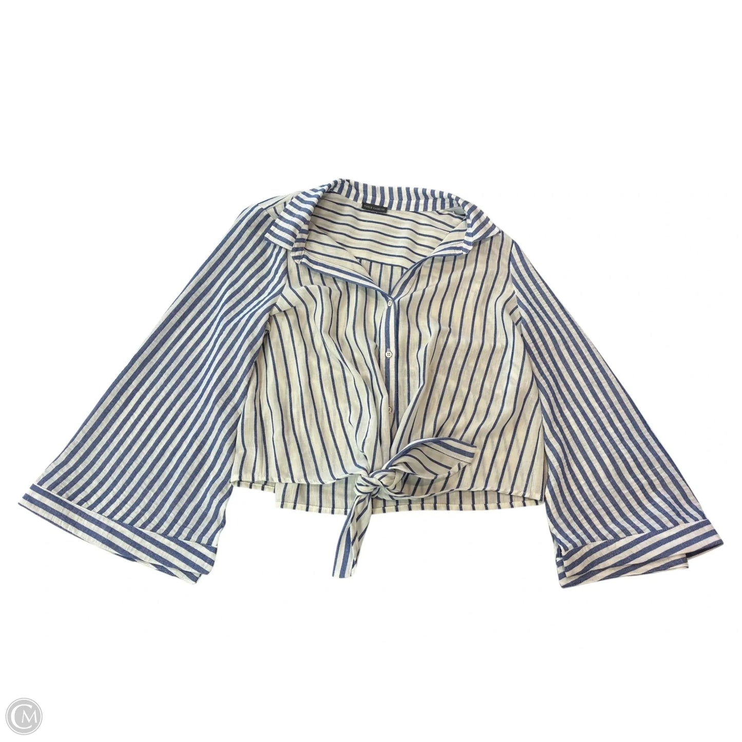 Blouse Long Sleeve By Vince Camuto In Blue & White, Size: L