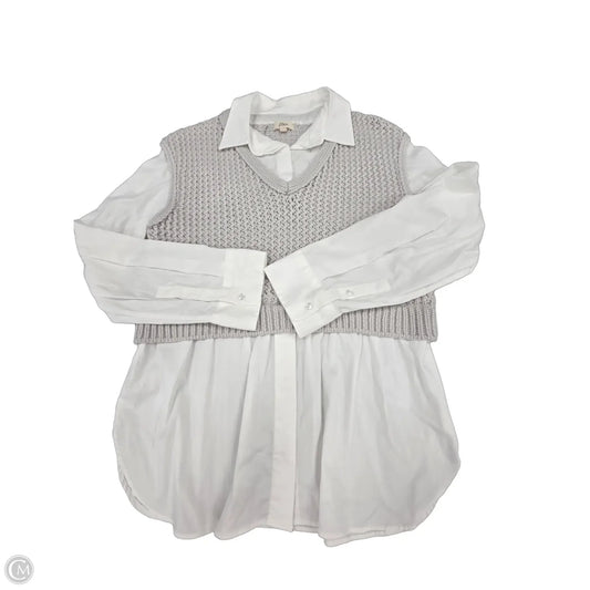 Top Long Sleeve By Elan In Grey & White, Size: L
