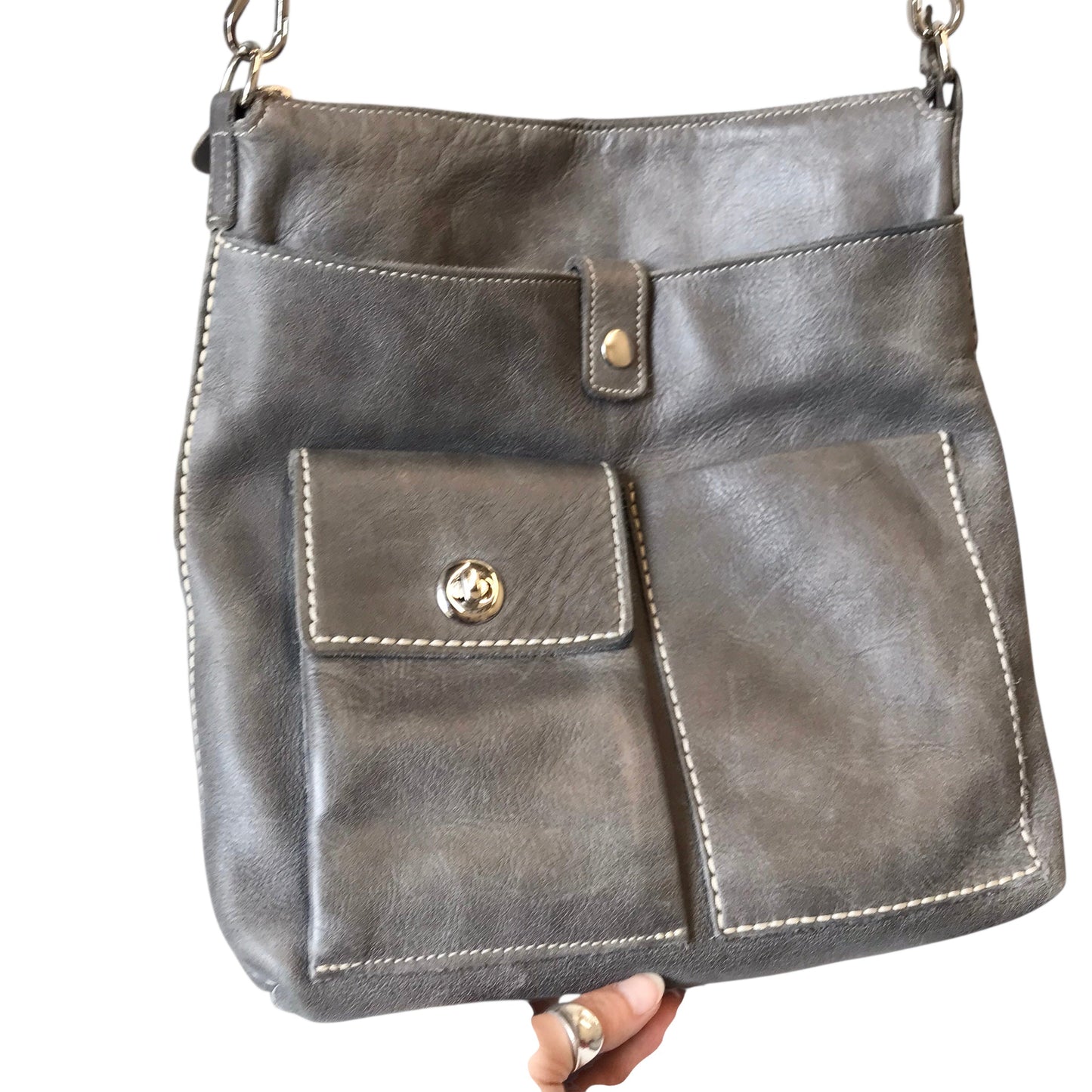Crossbody Leather By Roots In Grey, Size:Large