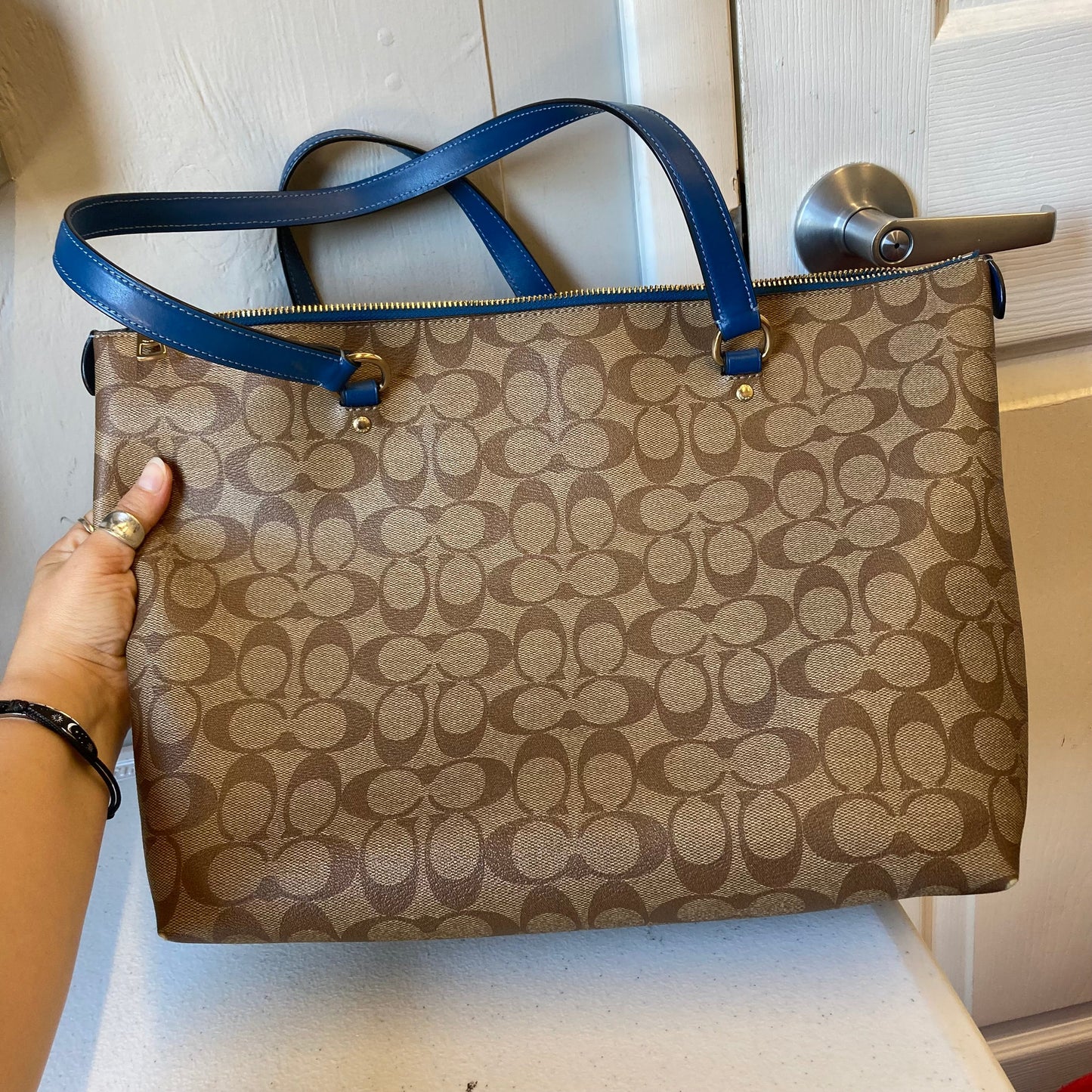 Tote Designer By Coach In Blue & Brown, Size:Large