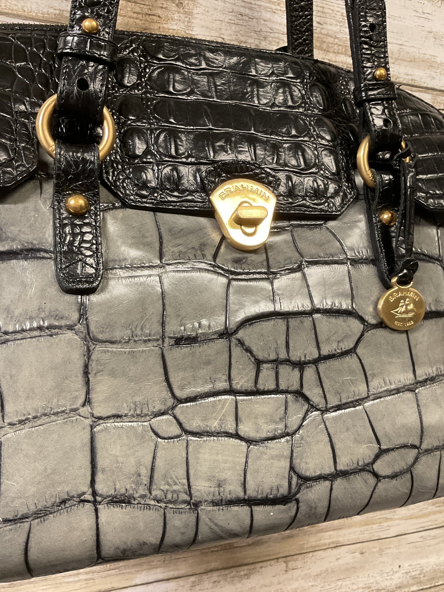Handbag Designer By Brahmin In Black & Grey, Size:Medium