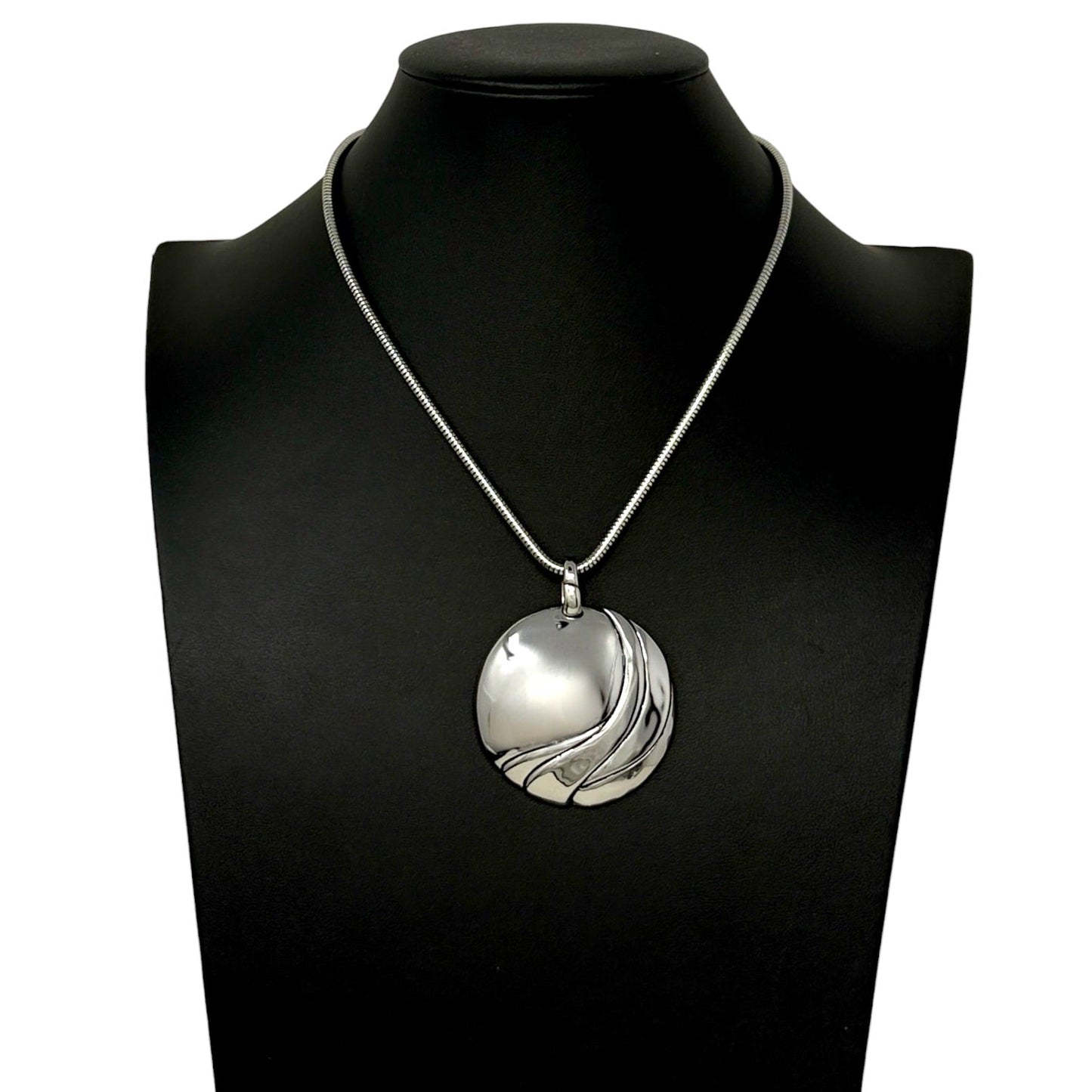 Silver Tone Wave Circle Pendant Necklace By Chicos