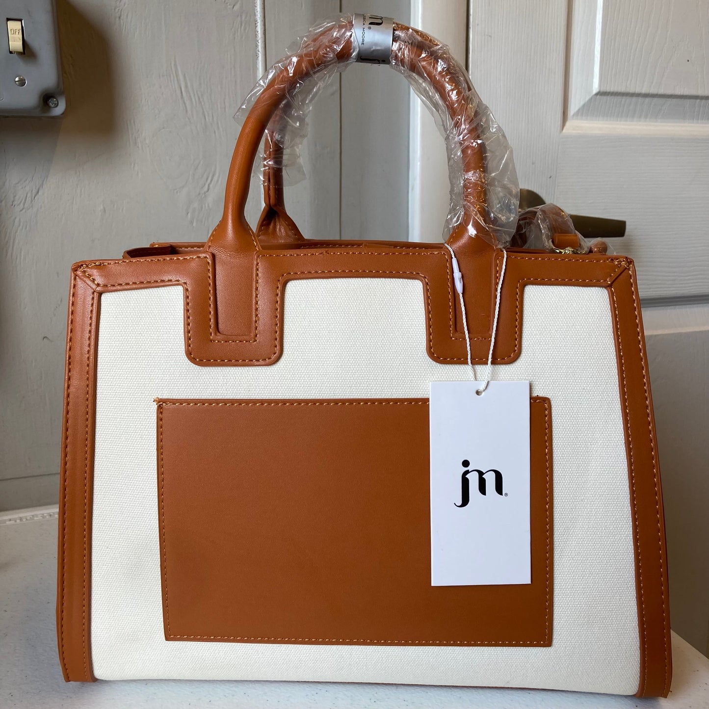 Handbag By Jessica Moore In Brown & White, Size:Large