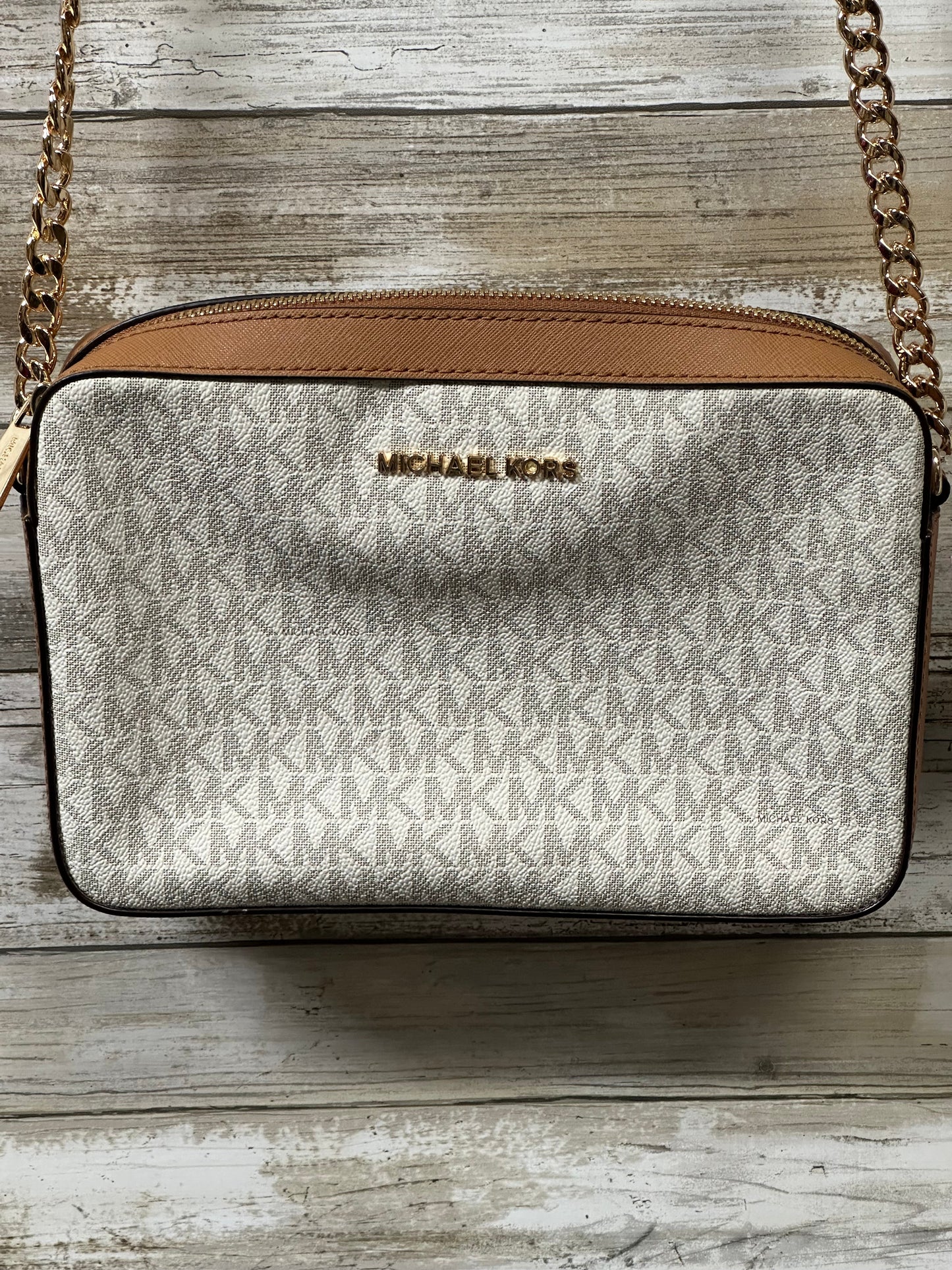Crossbody Designer By Michael Kors In Brown & White, Size:Medium
