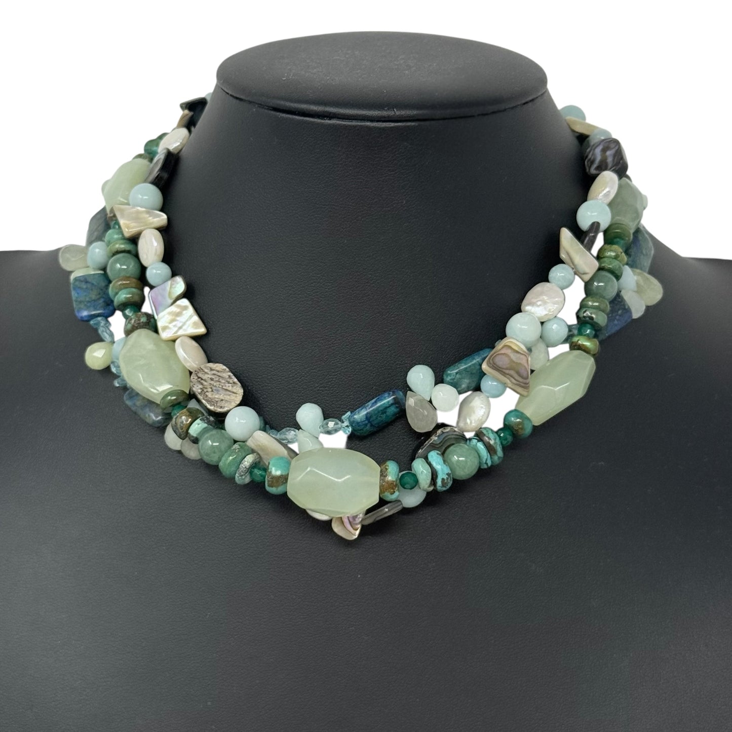 Vintage Multi Stone & Abalone Triple Strand Beaded Necklace