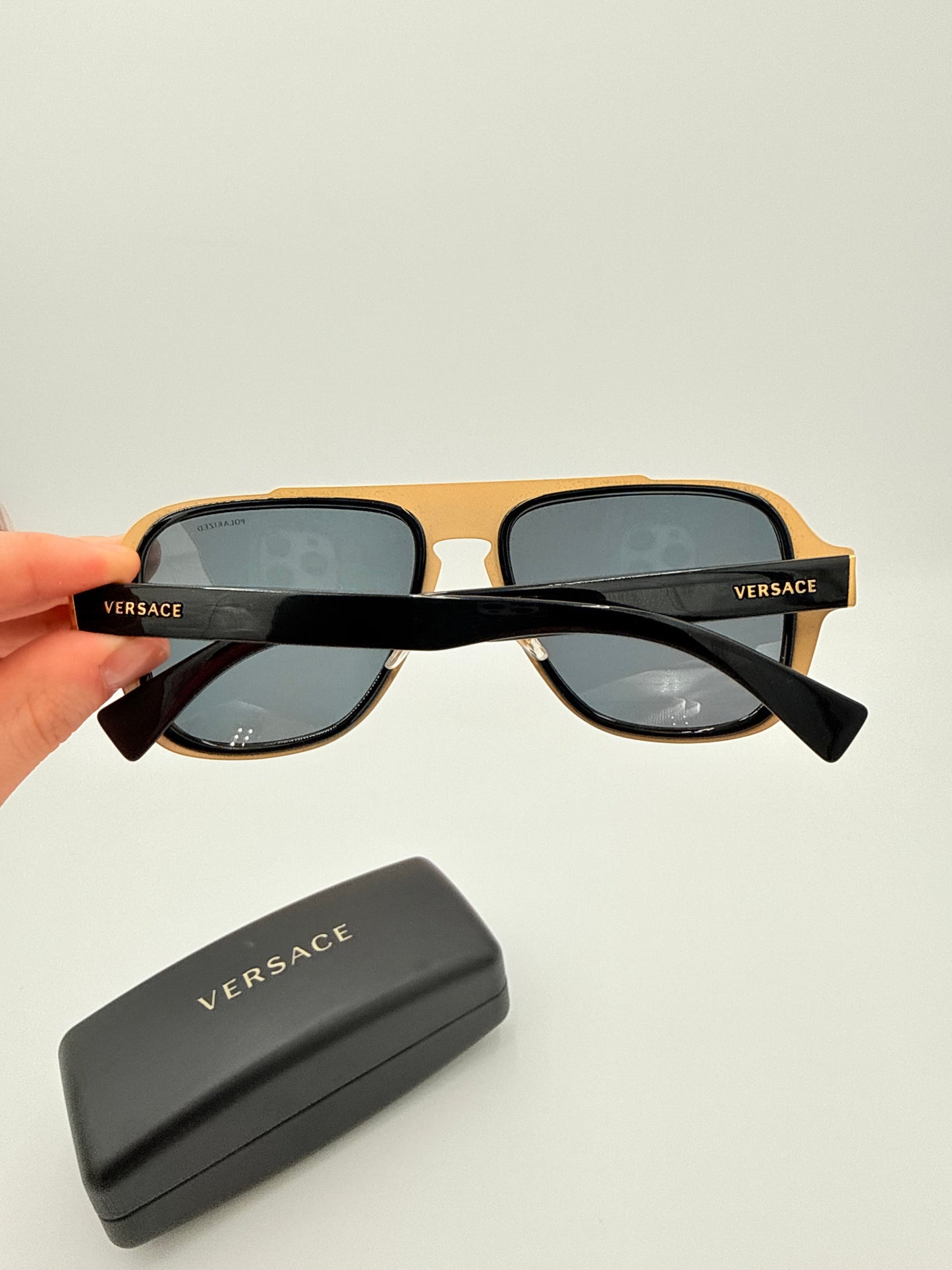 Sunglasses Luxury Designer By Versace In Black & Gold, Size: