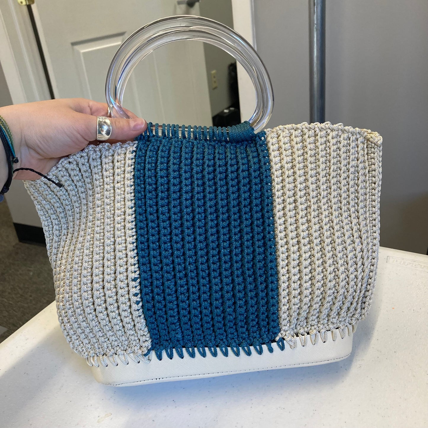 Handbag In Blue & Cream, Size:Small