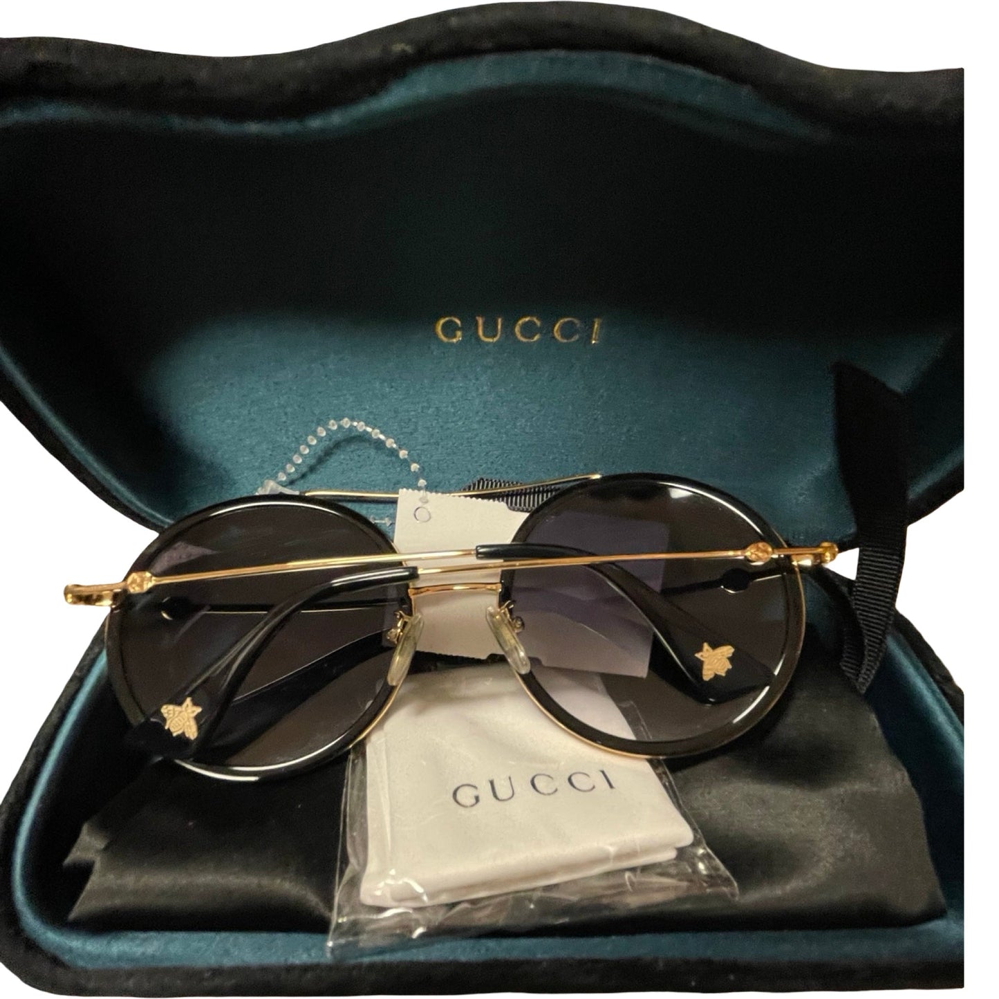 Sunglasses Luxury Designer By Gucci In Black & Gold, Size: