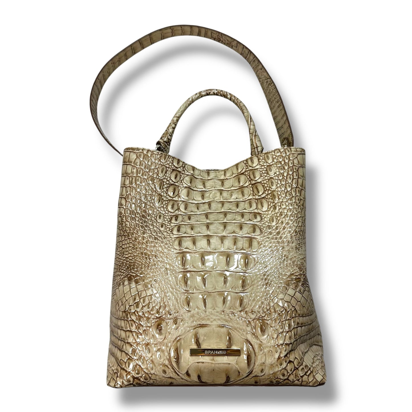 Amelia Croc Embossed Leather Bucket Bag Handbag Designer By Brahmin, Size: Medium
