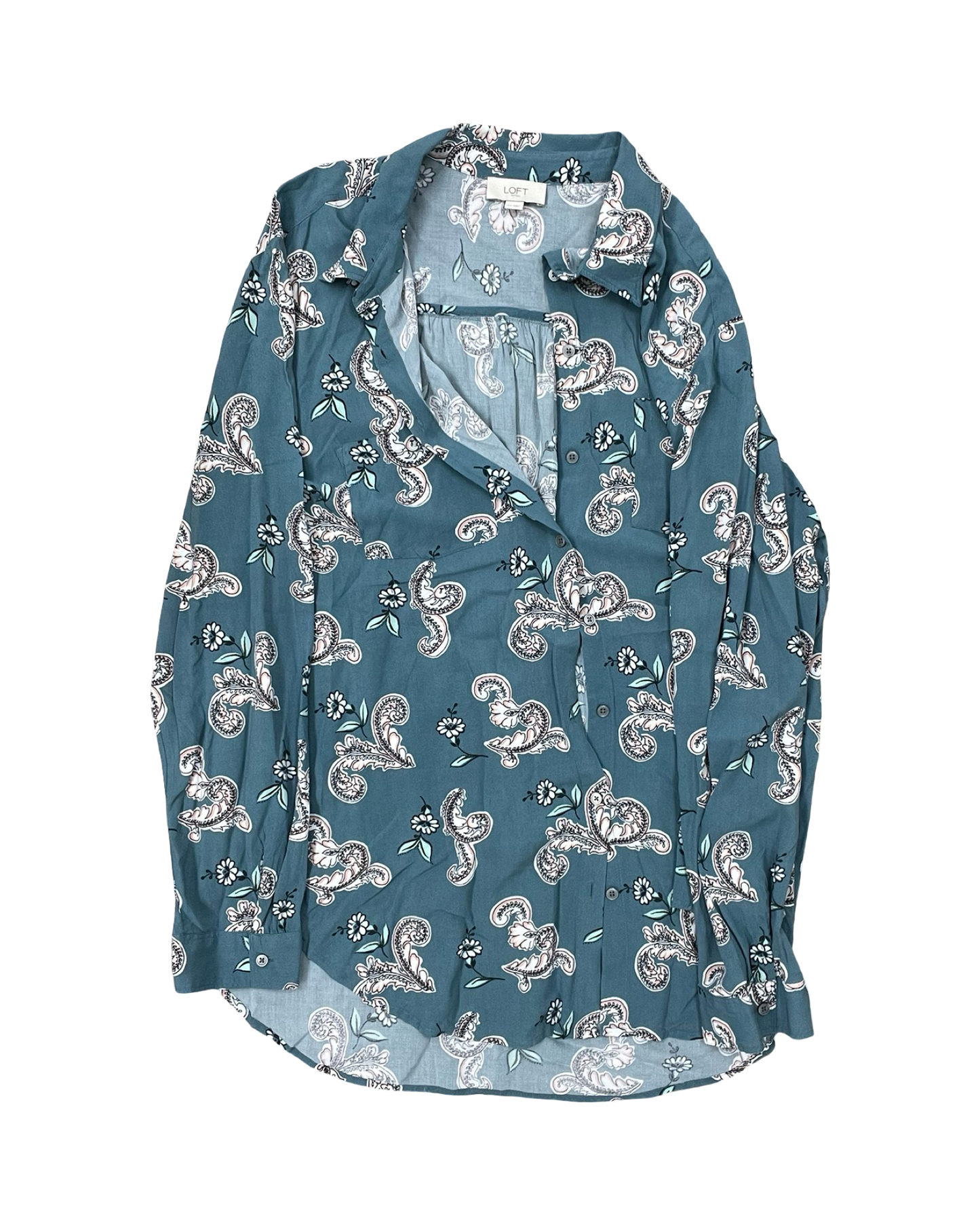 Blouse Ls By Loft In Teal, Size:1X